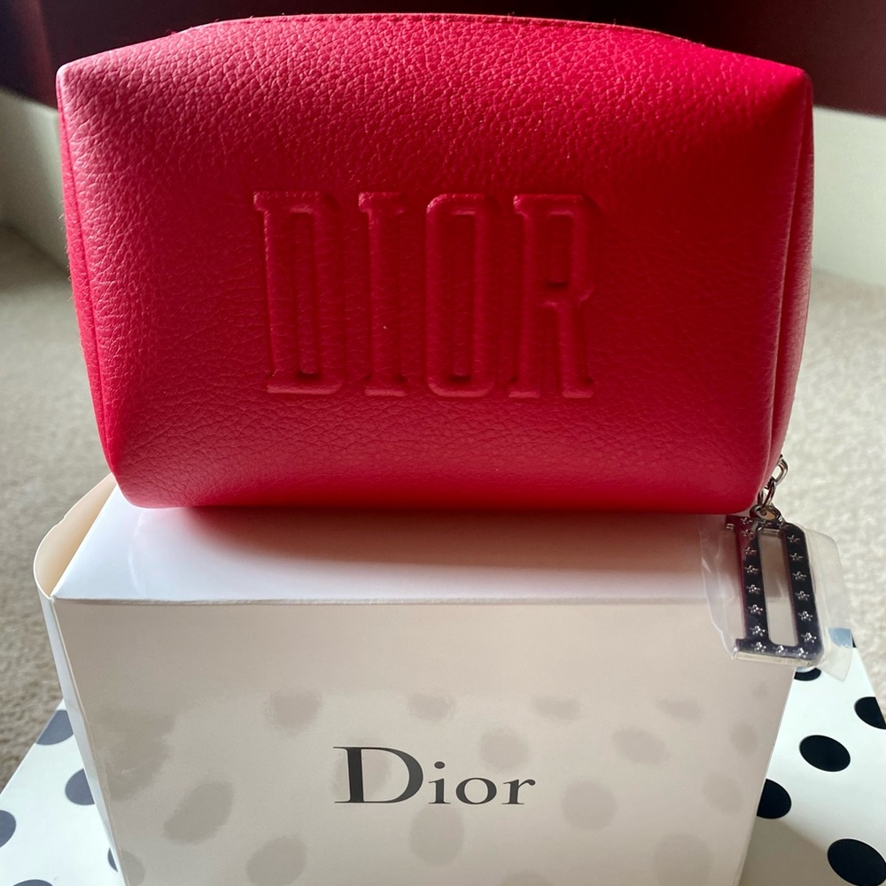 NIB CHRISTIAN DIOR Logo Cosmetic Makeup Pouch Bag 100% Polyurethane Red Silver - Picture 2 of 12